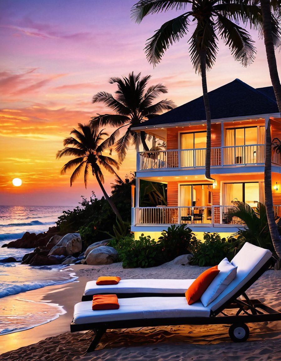 A serene beach setting with a cozy holiday rental home, surrounded by palm trees and soft waves lapping at the shore. Include sun loungers and a vibrant sunset in the background to evoke warmth and relaxation. Emphasize the inviting atmosphere and comfort of seaside living. super-realistic. vibrant colors. soft focus.
