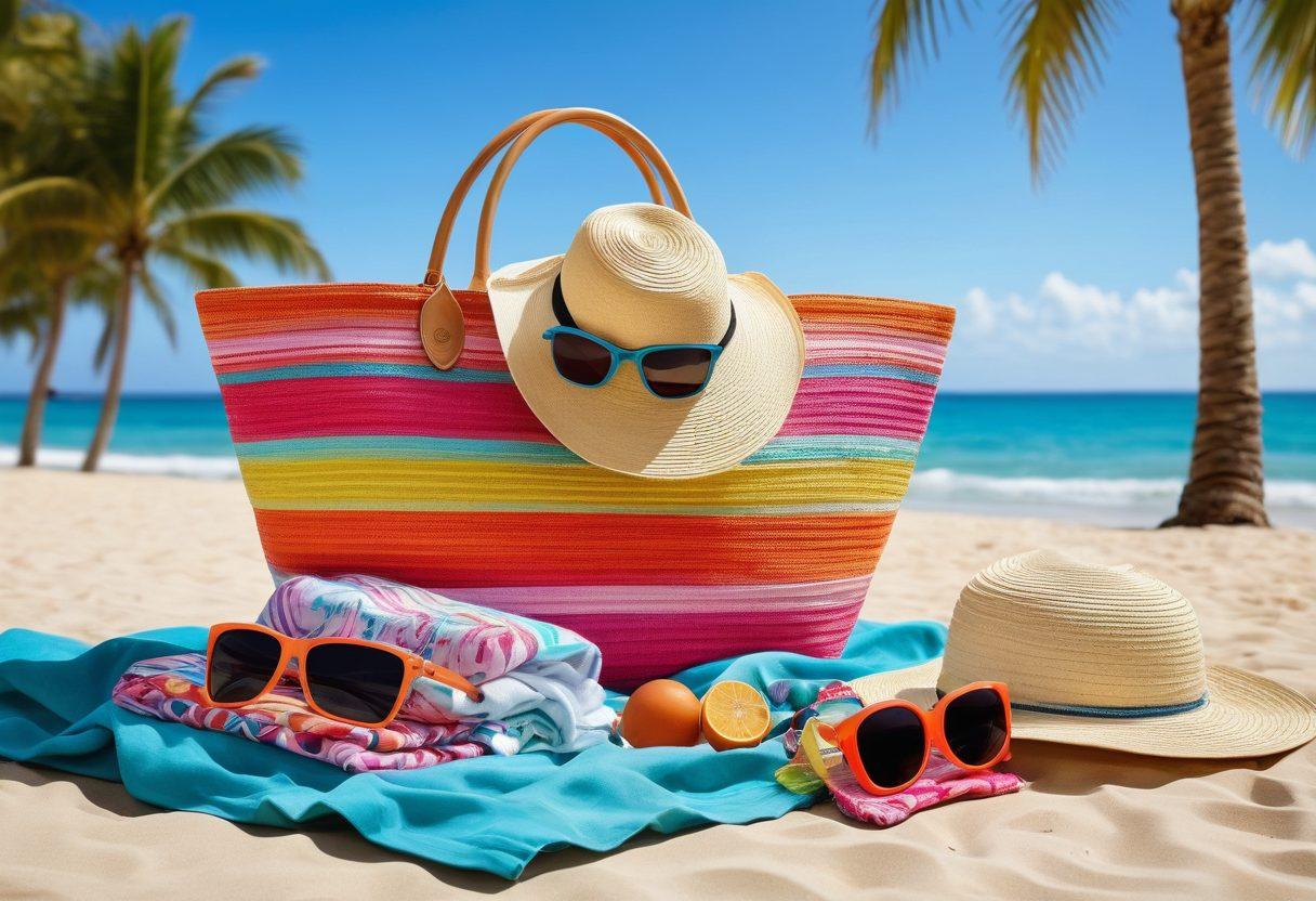 A stylish beach bag overflowing with colorful swimwear, sunscreen, and a beach towel, set against a backdrop of a serene coastal retreat with gentle waves and palm trees. A sunhat and sunglasses are artistically placed nearby, evoking a sense of summer adventure. Bright and inviting atmosphere capturing the essence of a perfect getaway. vibrant colors. super-realistic.