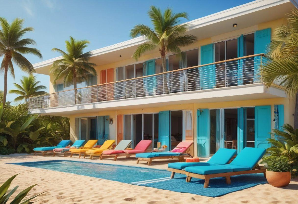 A serene beach scene showcasing a cozy beachfront apartment with bright, inviting balconies, surrounded by palm trees. In the foreground, a stylish array of colorful swimwear laid out on a sandy beach with waves gently lapping in the background. A clear blue sky and sun-drenched atmosphere evoke relaxation and affordability. beach house aesthetic. vibrant colors. super-realistic.